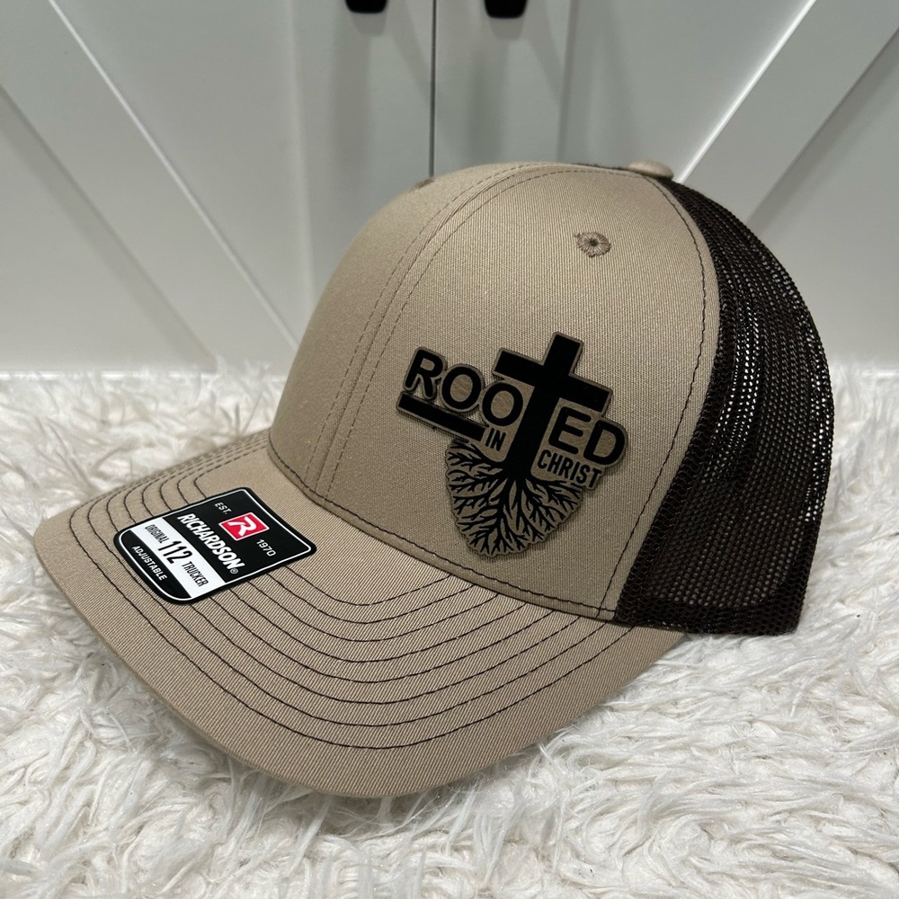 Laser engraved, Rooted in Christ. Richardson 112 trucker hat.